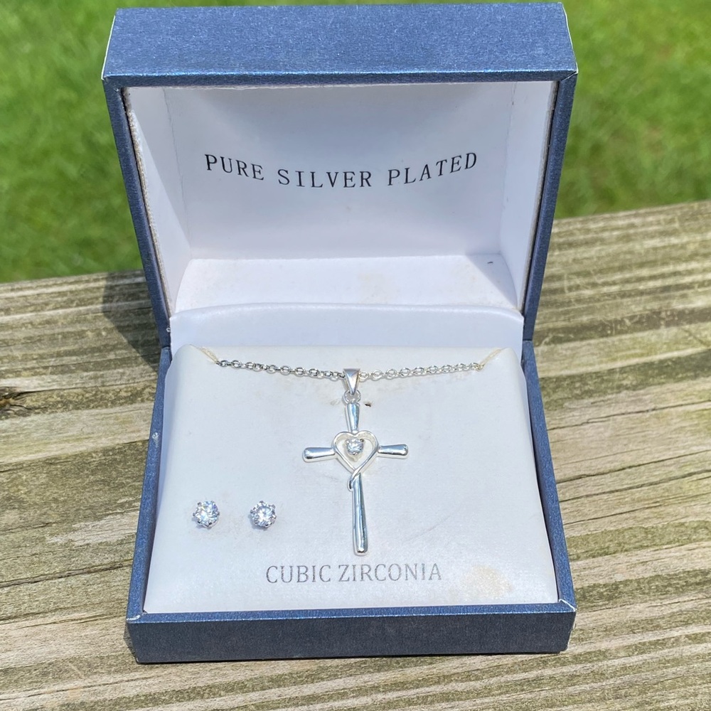 Heart cross and cz stud earring set silver plated new in box